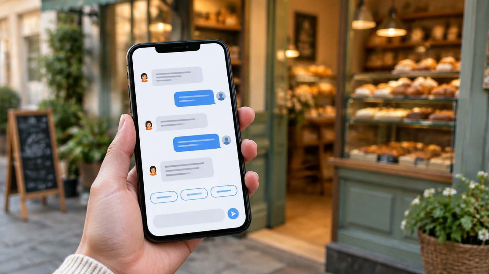 A phone showing a friendly customer chat in front of a small bakery