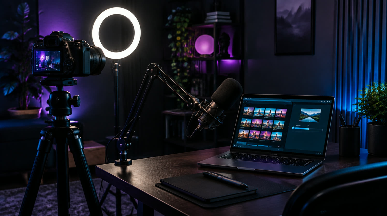 A creator's video studio with a camera, ring light, microphone and a laptop showing video thumbnails