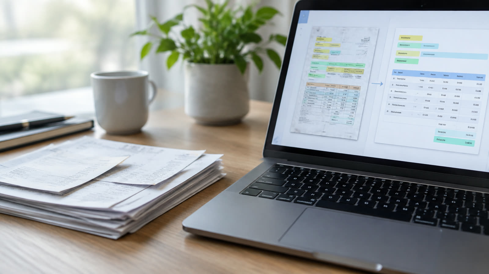 Invoices and receipts next to a laptop showing fields pulled from a scanned document into a table