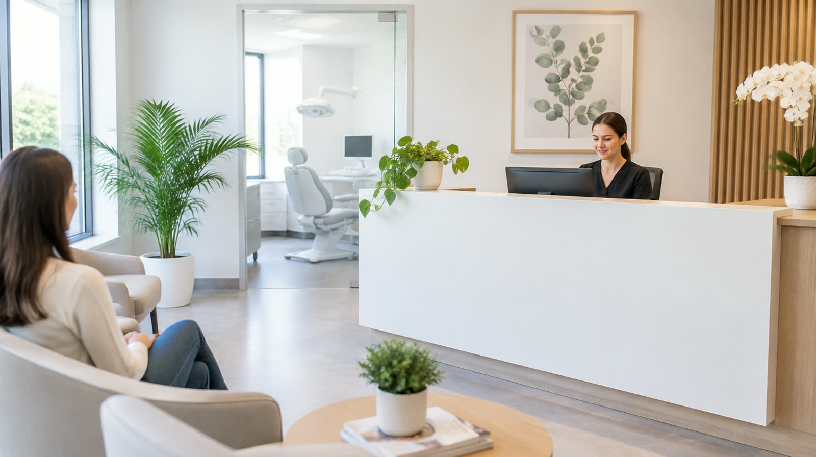 A calm dental clinic reception desk with a patient waiting