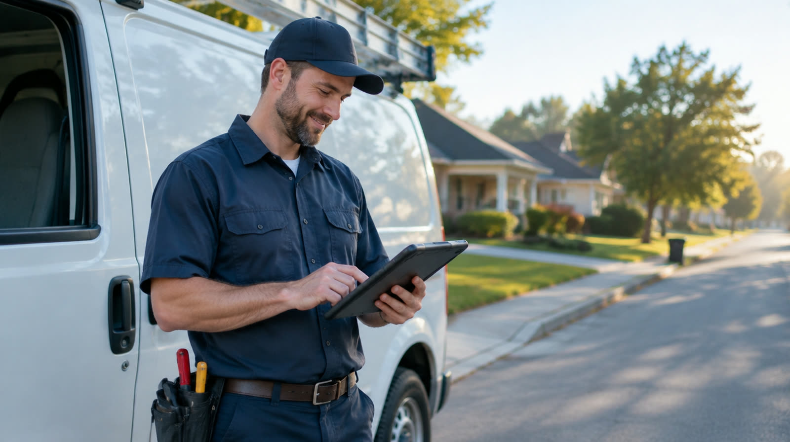 A service technician checking a job schedule on a tablet beside a van