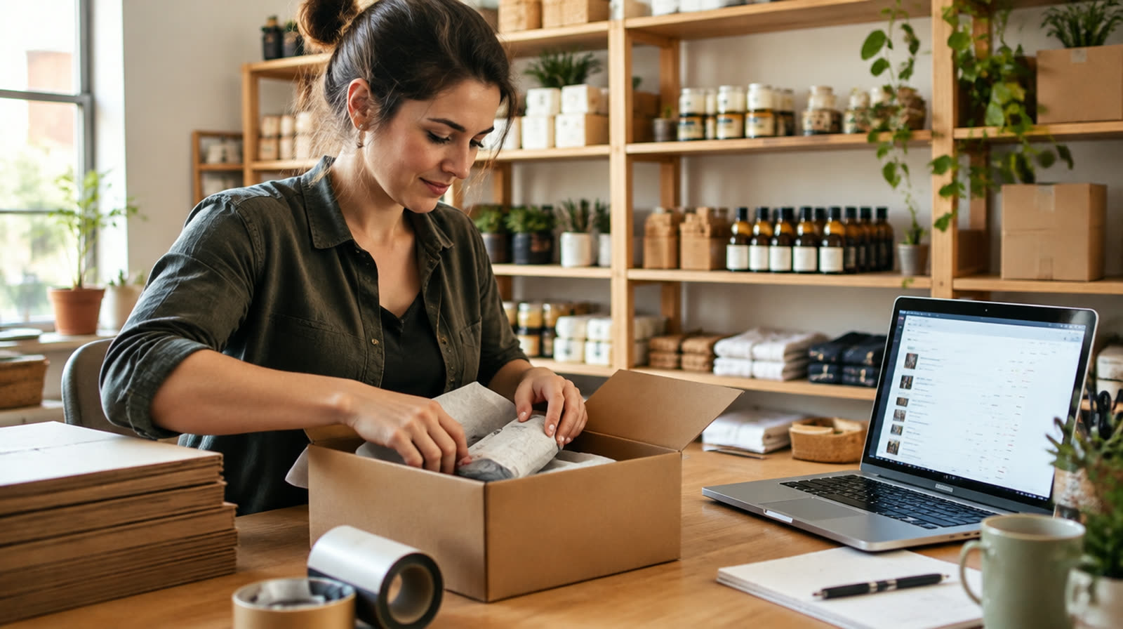 An online store owner packing orders next to a laptop