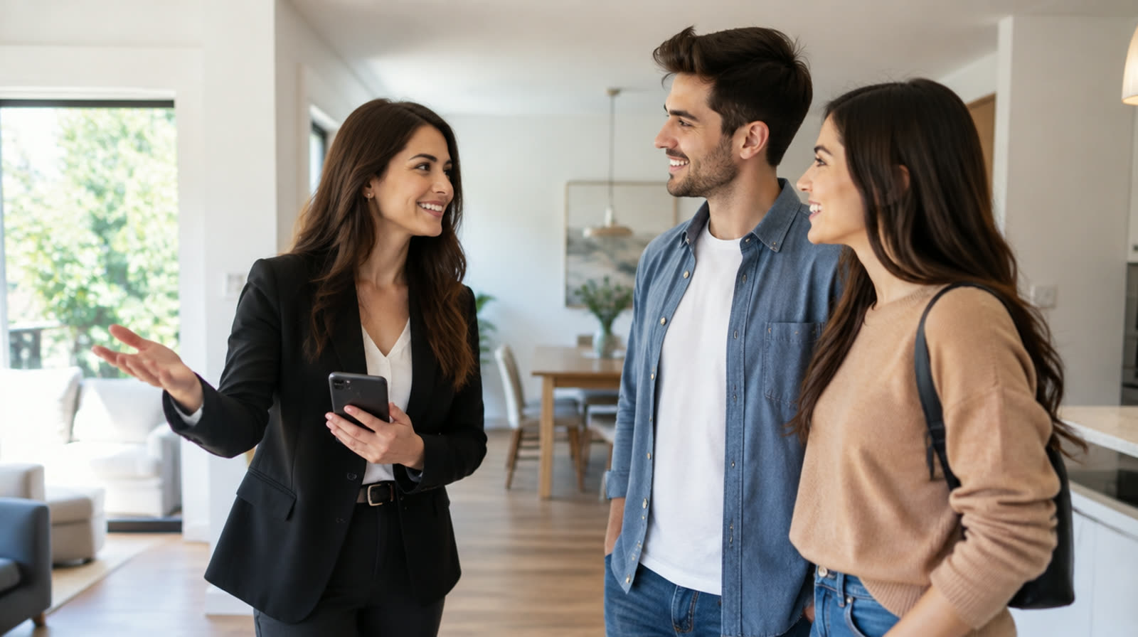 A real estate agent showing a bright home to a young couple