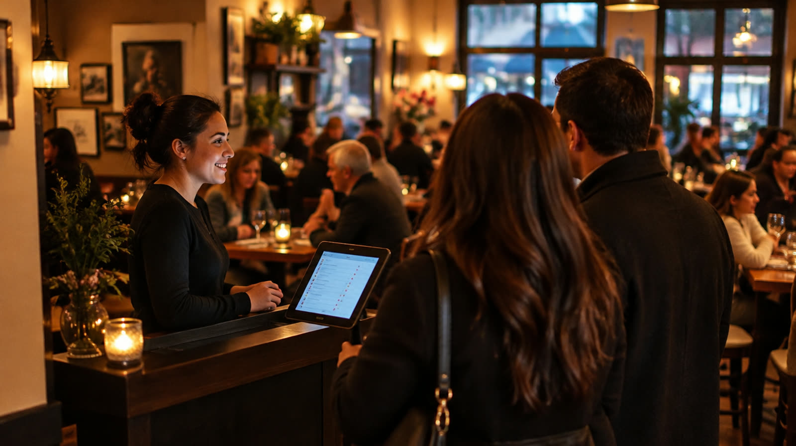 A restaurant host greeting guests at a stand with a reservations tablet