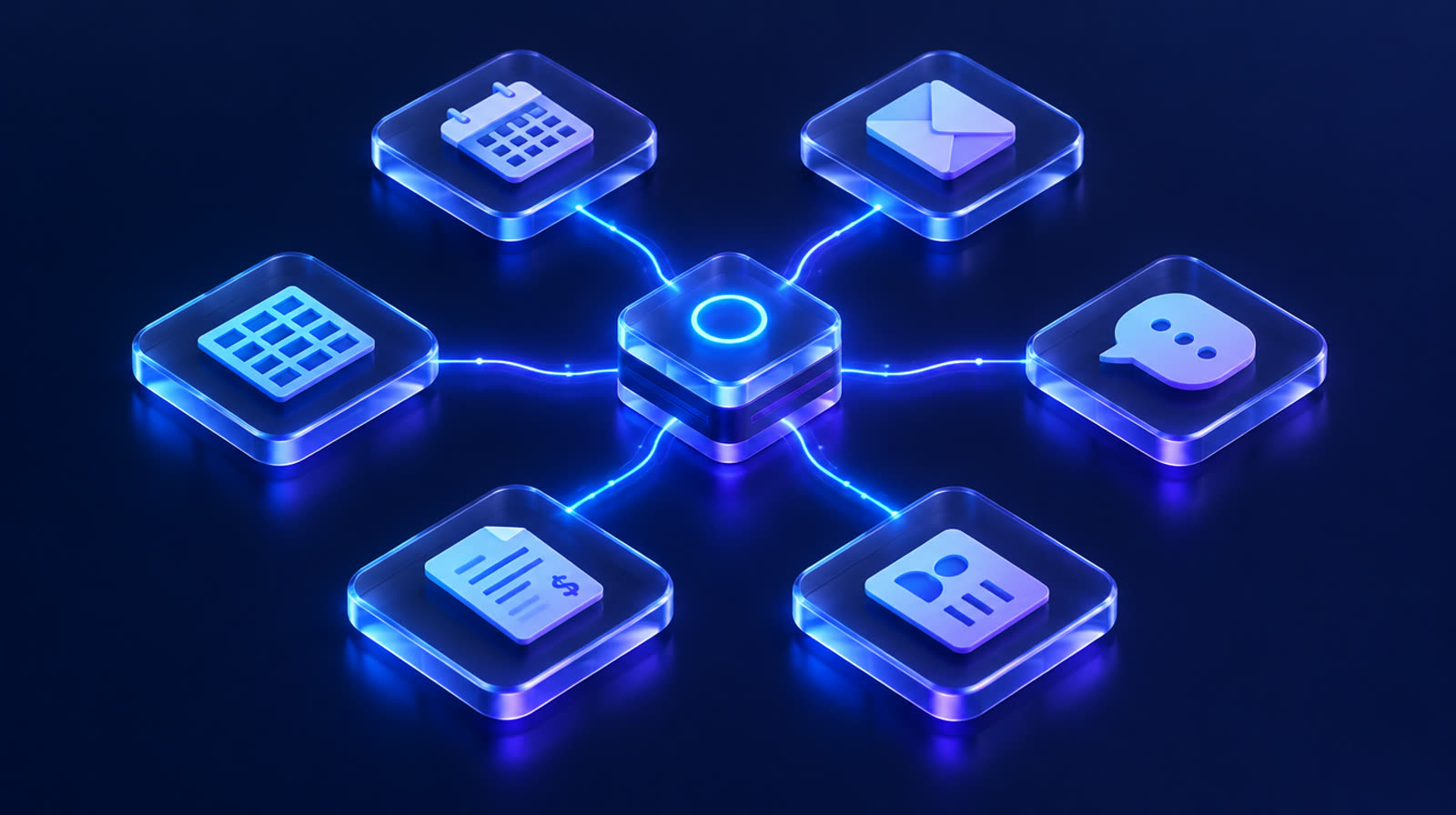 Business apps such as calendar, email, spreadsheet and chat connected to a central hub