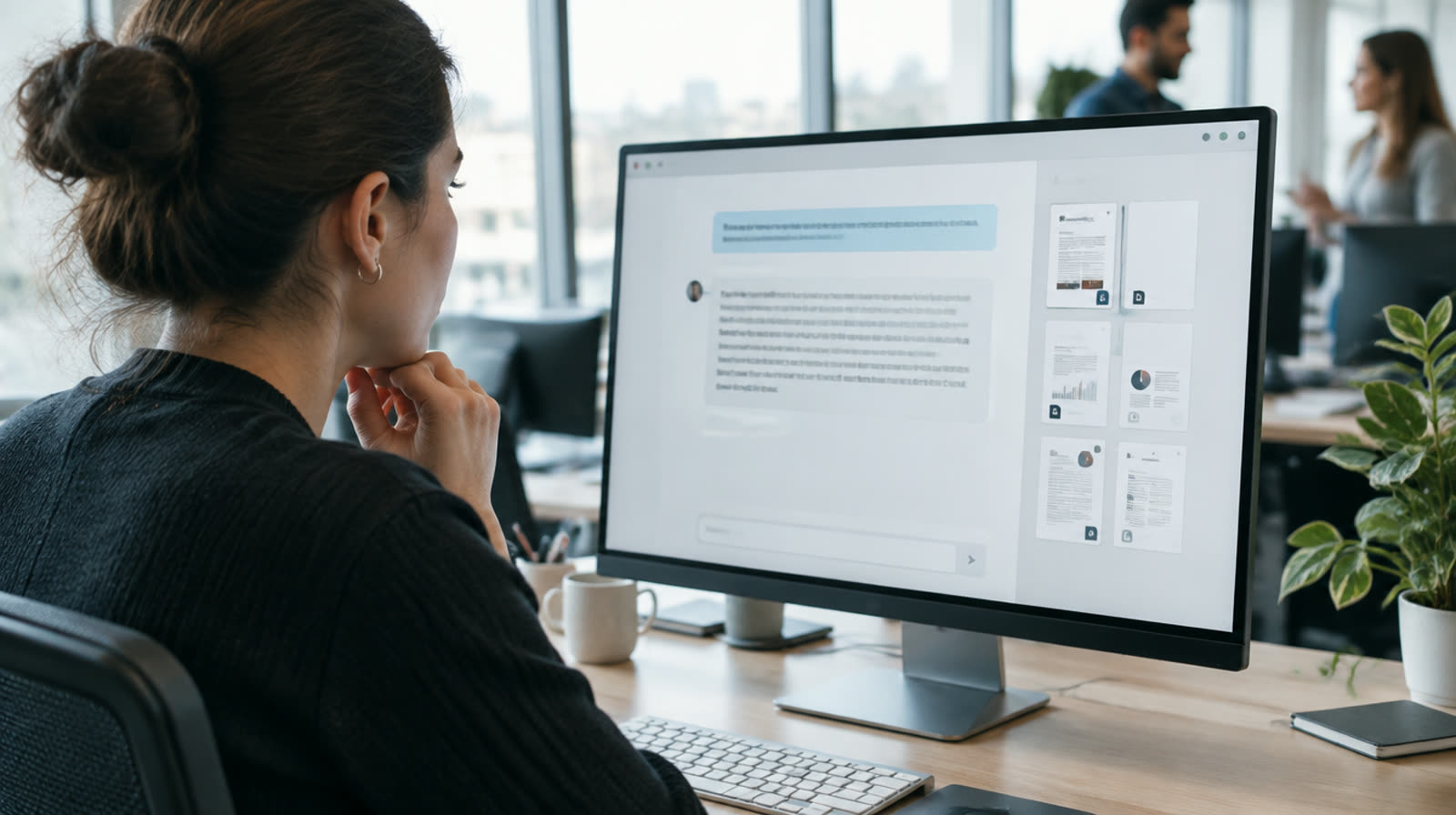 A professional reading an answer with linked source documents on a large monitor